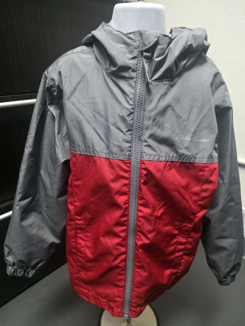 Eddie Bauer Kids Gray and Red Hooded Colorblock Rain Jacket